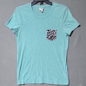 PINK VICTORIA'S SECRET Green Tee Shirt with Animal Print Pocket‎ - Size Small